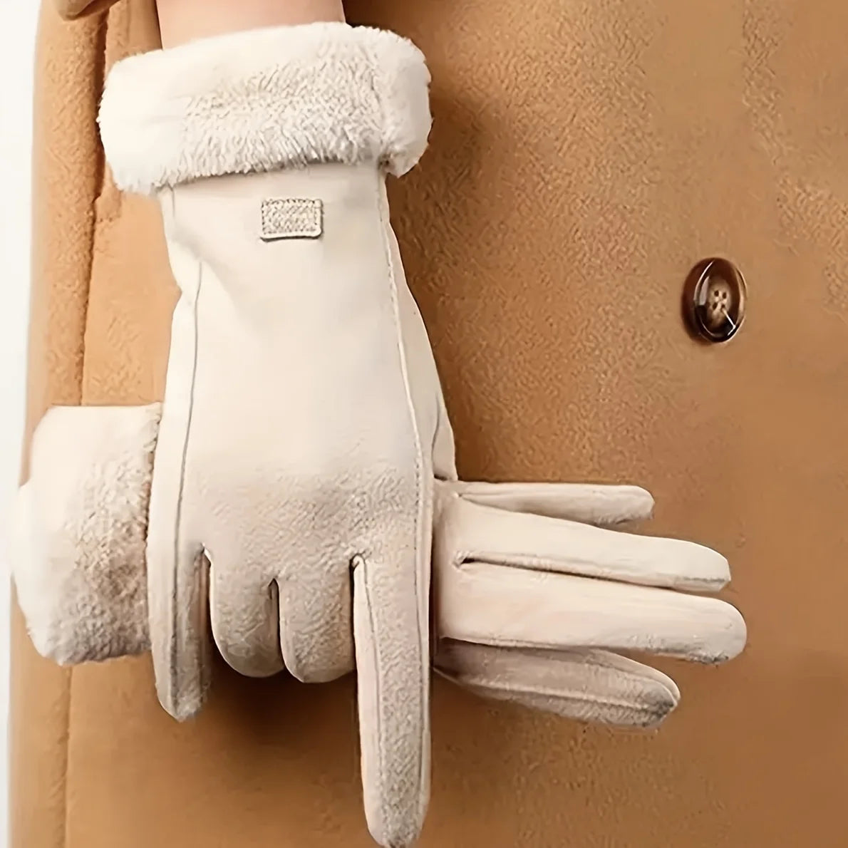 Beige Full Finger Gloves with Textured Outer Panels