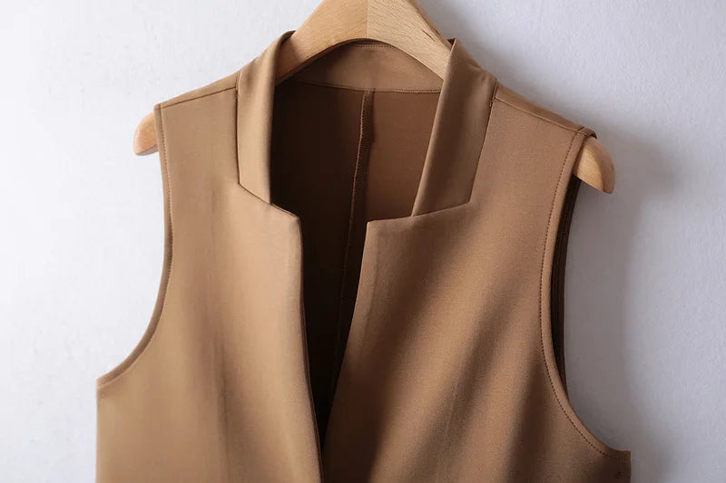 Sleeveless Vests For Women Retro Outerwear Spring Autumn Air Cotton Turn Down Collar Long Pocket Casual Jacket Woman