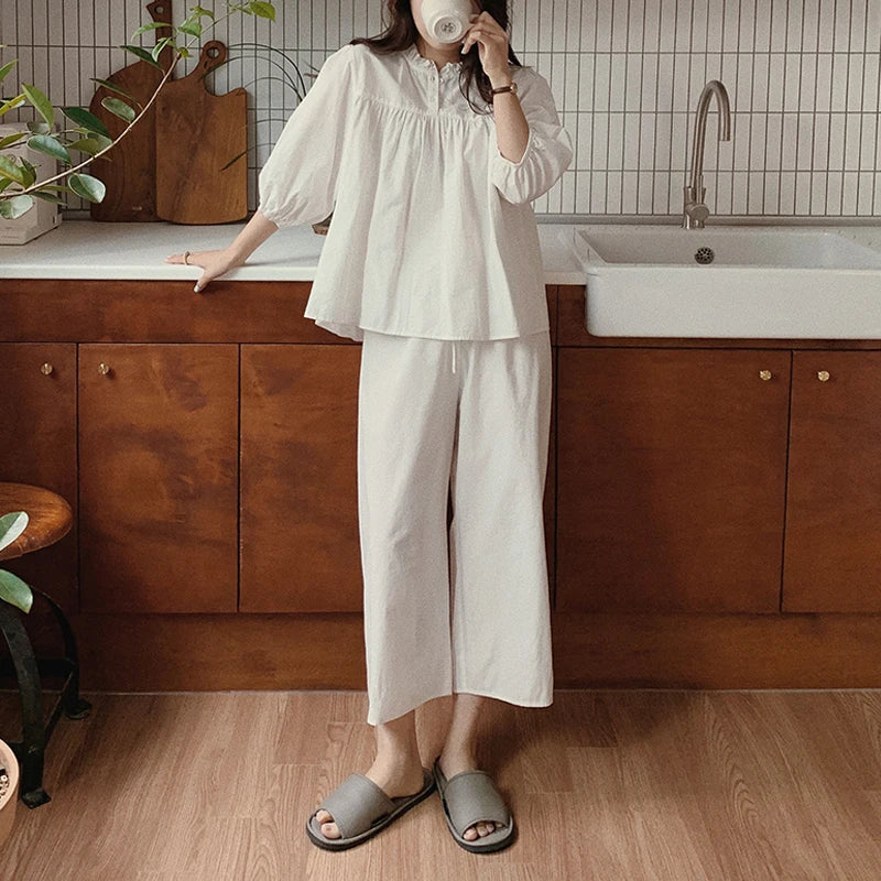 Women's Cotton Two-Piece Set with Ruffled Three-Quarter-Sleeve Top and Elastic-Waist Wide-Leg Pants