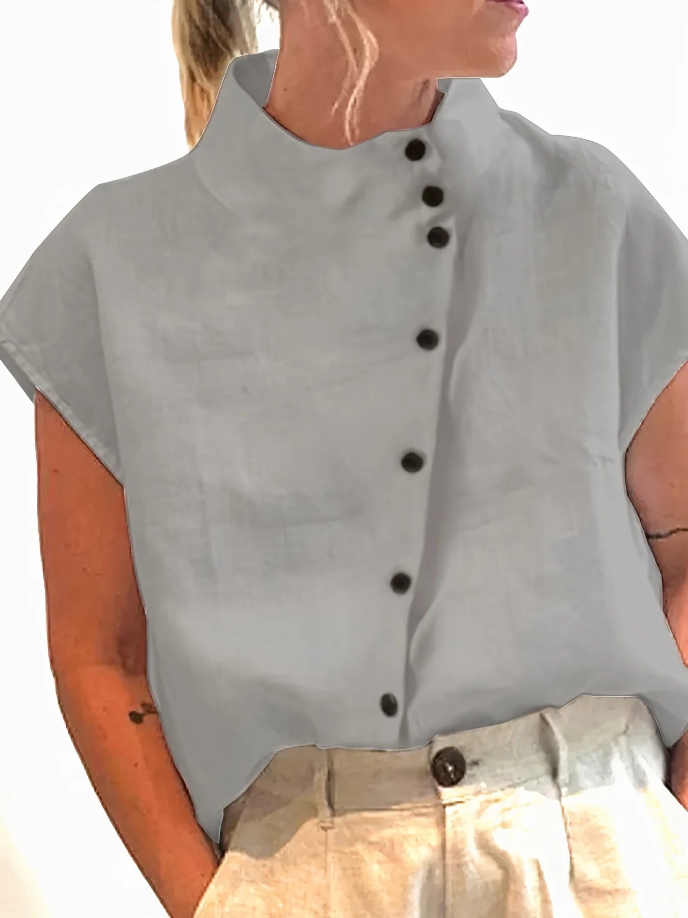 Women's Stand Collar Short Sleeve Button Front Shirt