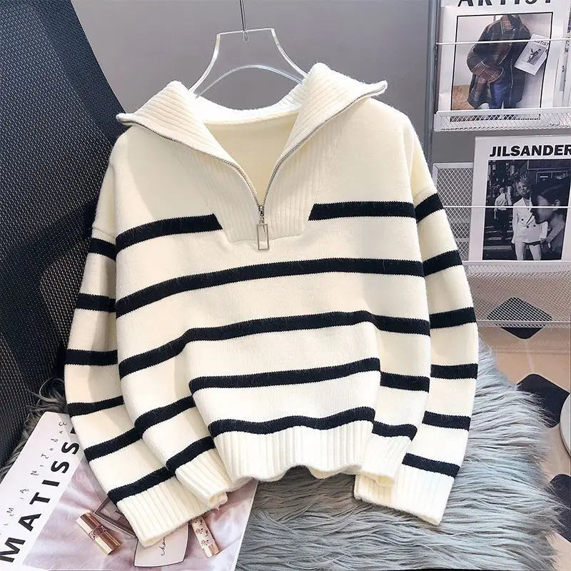 Women's Striped Half Zip Pullover Sweater Casual Knit Layer