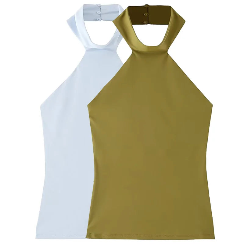 Women's Solid Polyester Halter Top with an Open Back and Fitted Shape