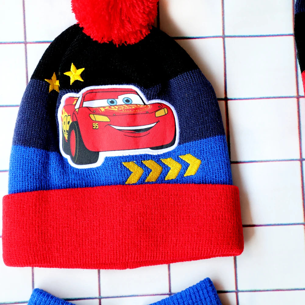 Children's Cars Cartoon Hat Scarf and Gloves Set for Winter Wear