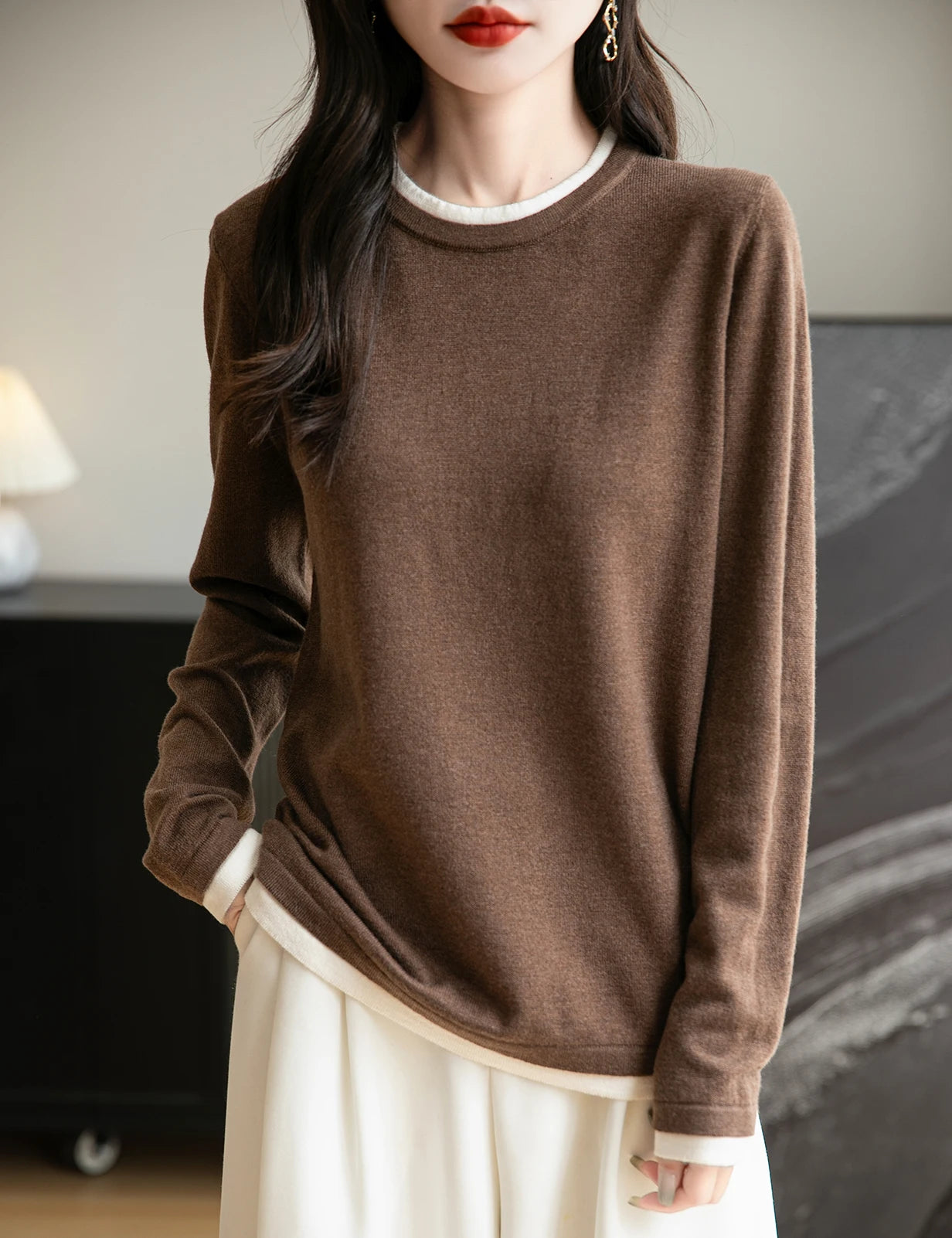 Women's Contrast Trim Crew Neck Sweater Casual Knit Layer