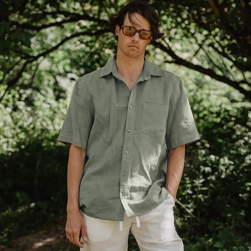 Men's Linen Collared Short-Sleeve Button-Up Shirt for Casual Summer Daily Wear Outfits