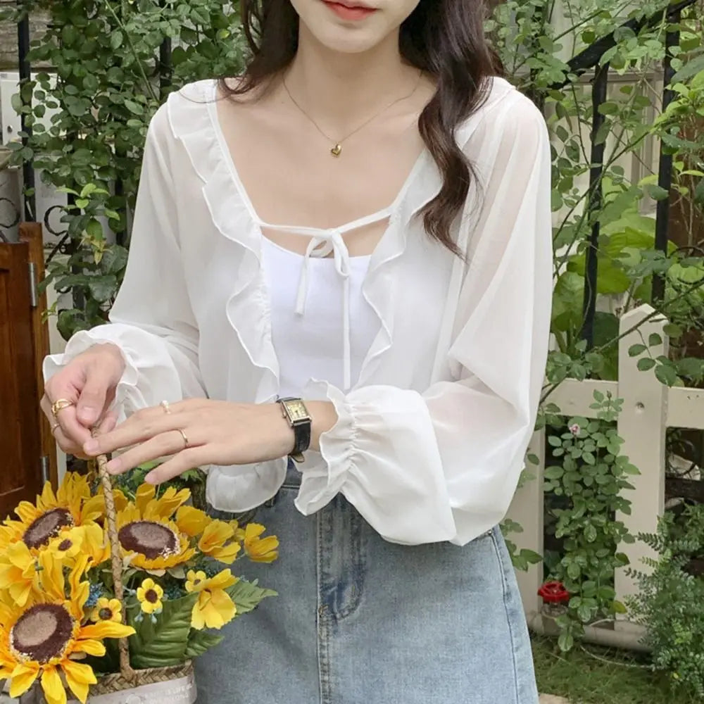Sheer Tie Front Long Sleeve Cardigan for Layering over Outfits