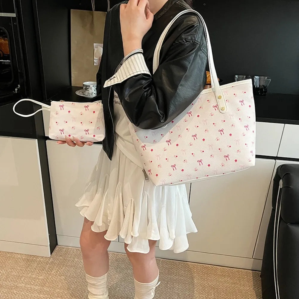 Women's Bow Print Tote Bag with Long Handles and Zipper Closure