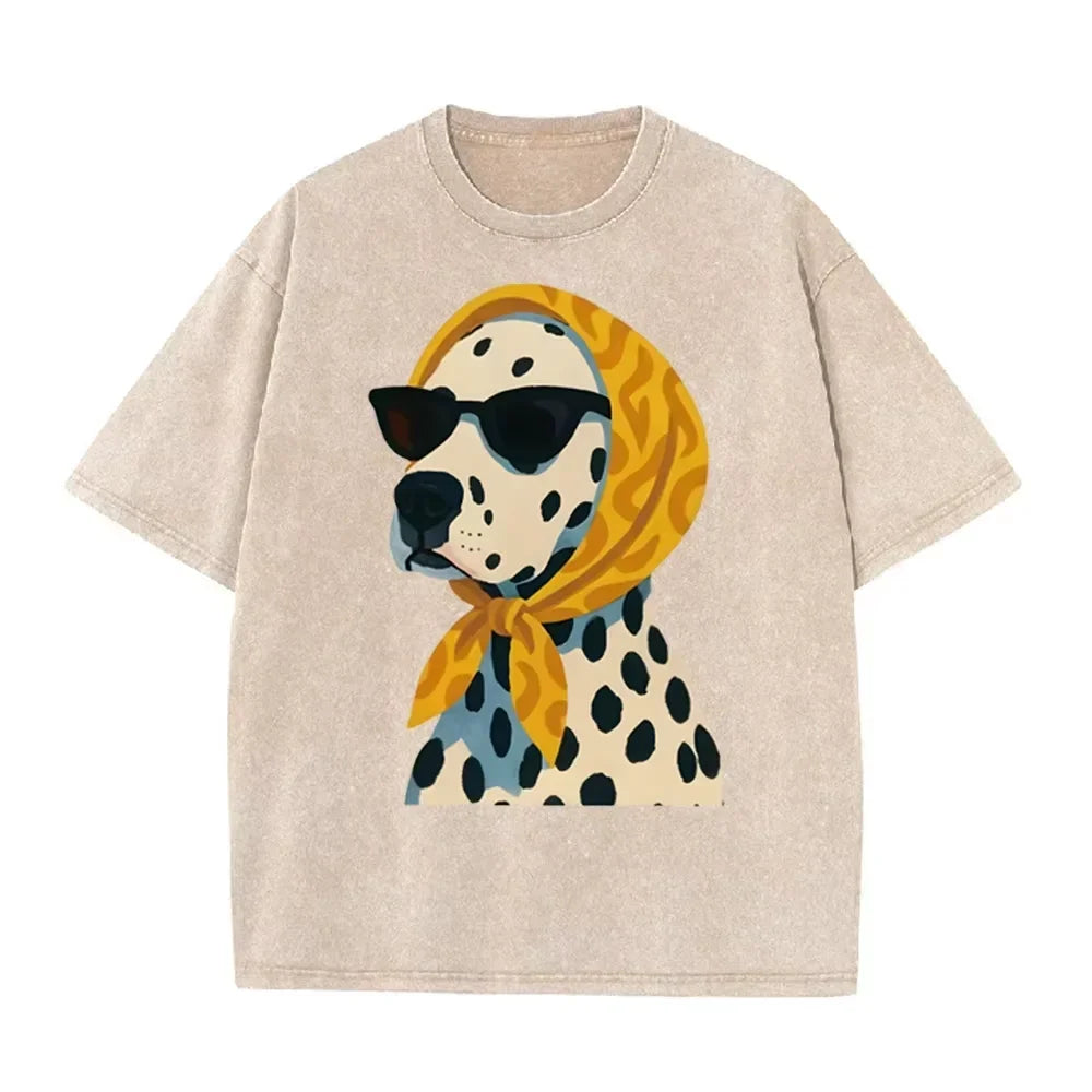 Distressed Vintage Washed Tee Stylish Cool Dalmatian Cartoon Animal Print Loose Fit Short Sleeve T Shirts