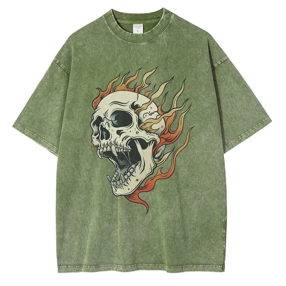 Men's Flame Skull Printed T-shirt Thick Cotton Washed T-shirt,Large Retro Top