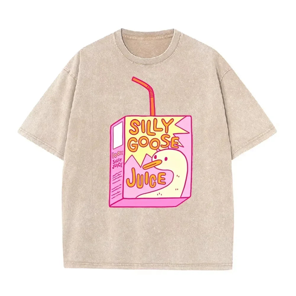 Cute Silly Goose Juice Box Print Washed Purple Y2K Aesthetic Women T-shirt