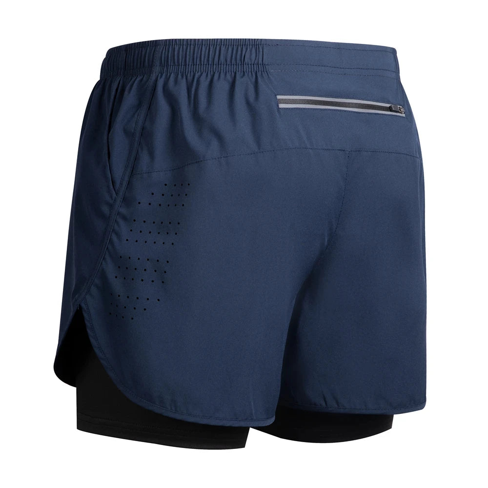 Men's Double Layer Running Shorts with Back Zipper Pocket