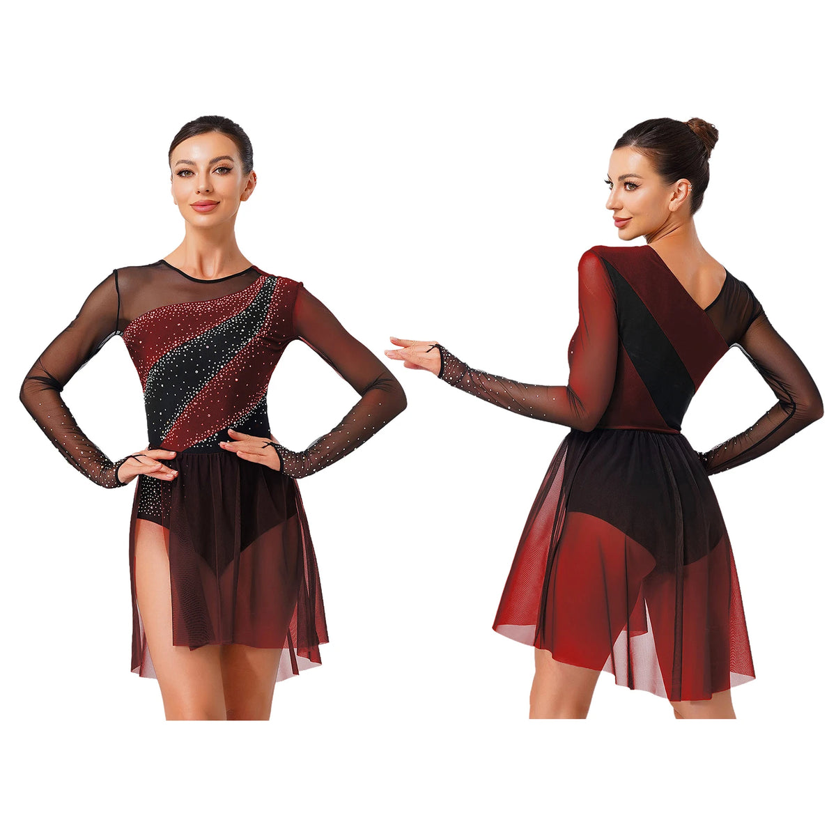 Women's Long Sleeve Mesh Dance Dress with Sequins and Asymmetric Panels