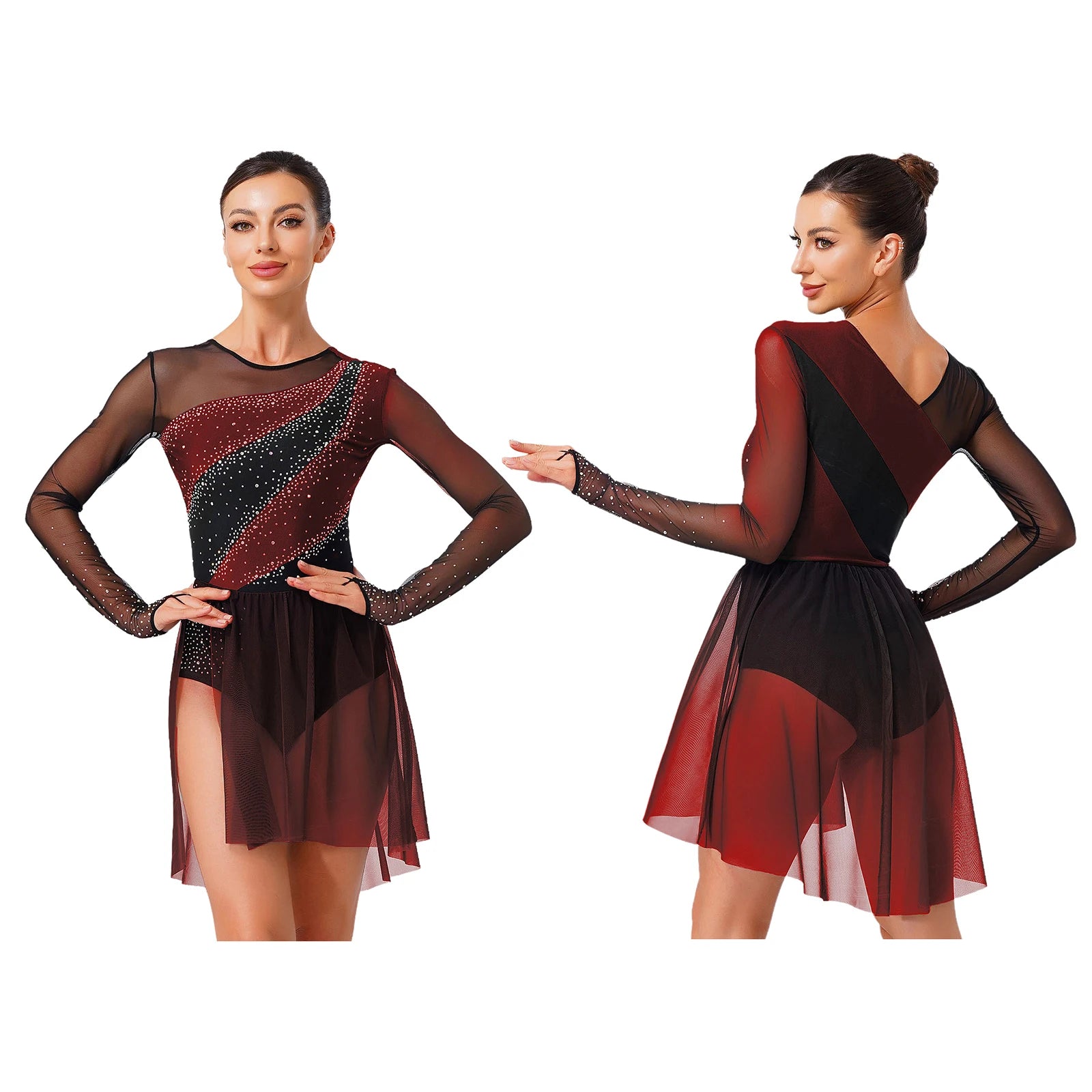 Women's Long Sleeve Mesh Dance Dress with Sequins and Asymmetric Panels