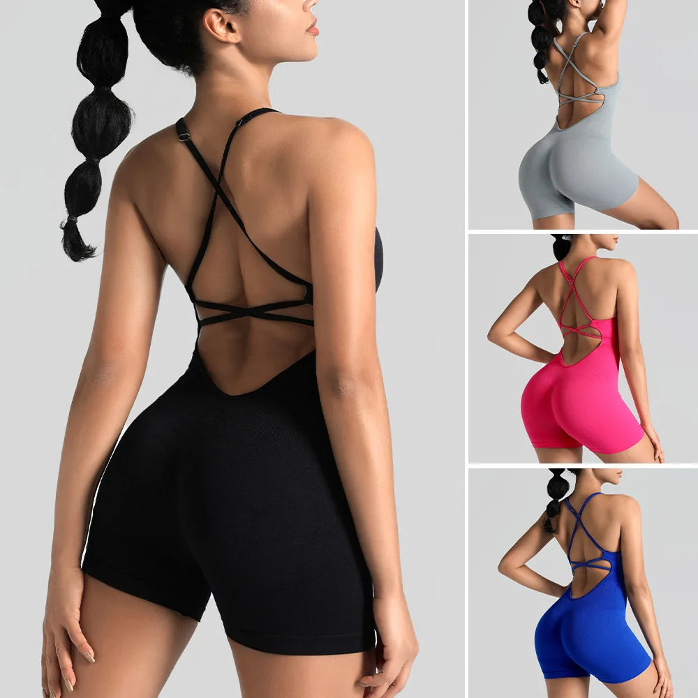 Women's Lace Up Cross Back Nylon Blend Workout Romper with Thin Straps