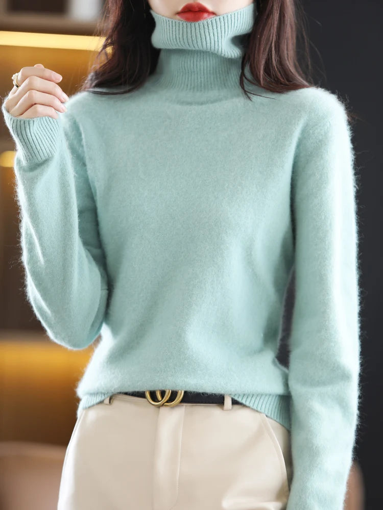 Women's Plain Roll Neck Long Sleeve Sweater Casual Knit Layer