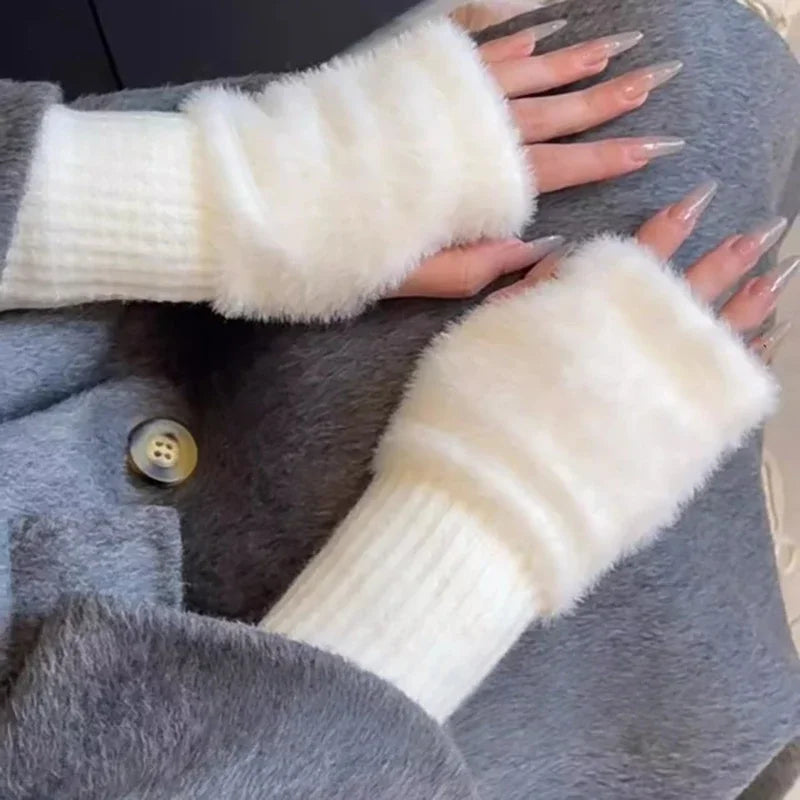 Plush Fingerless Gloves with Ribbed Knit Wrist Cuffs