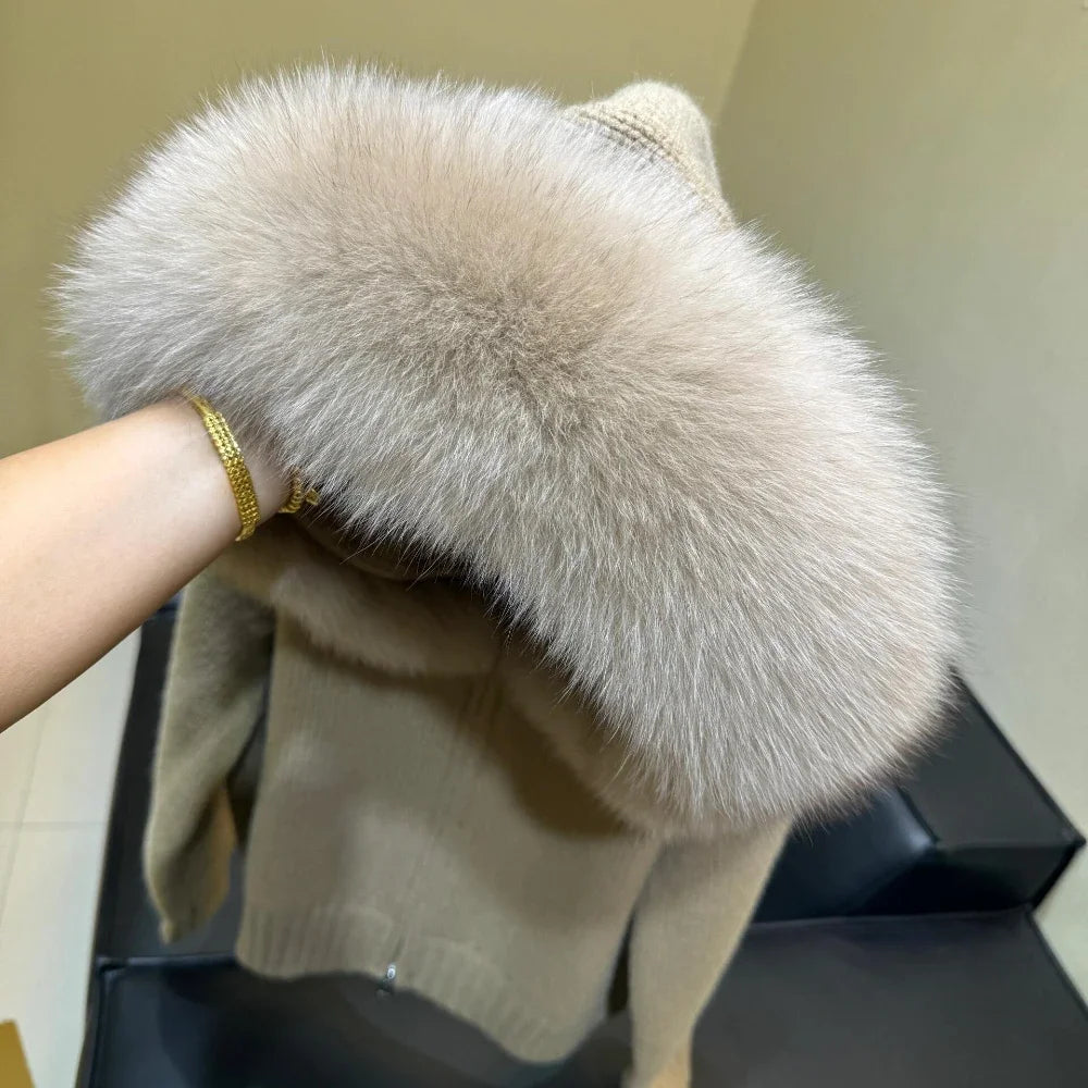 Women's Hooded Zip Front Fluffy Trim Jacket Casual Knit Layer