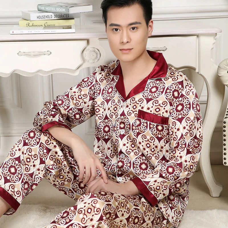 Men's Printed Lapel Button Front Shirt and Pants Pajama Set