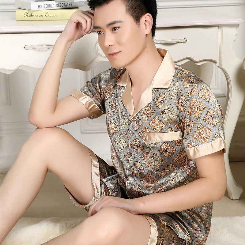 Men's Printed Lapel Button Front Shirt and Pants Pajama Set