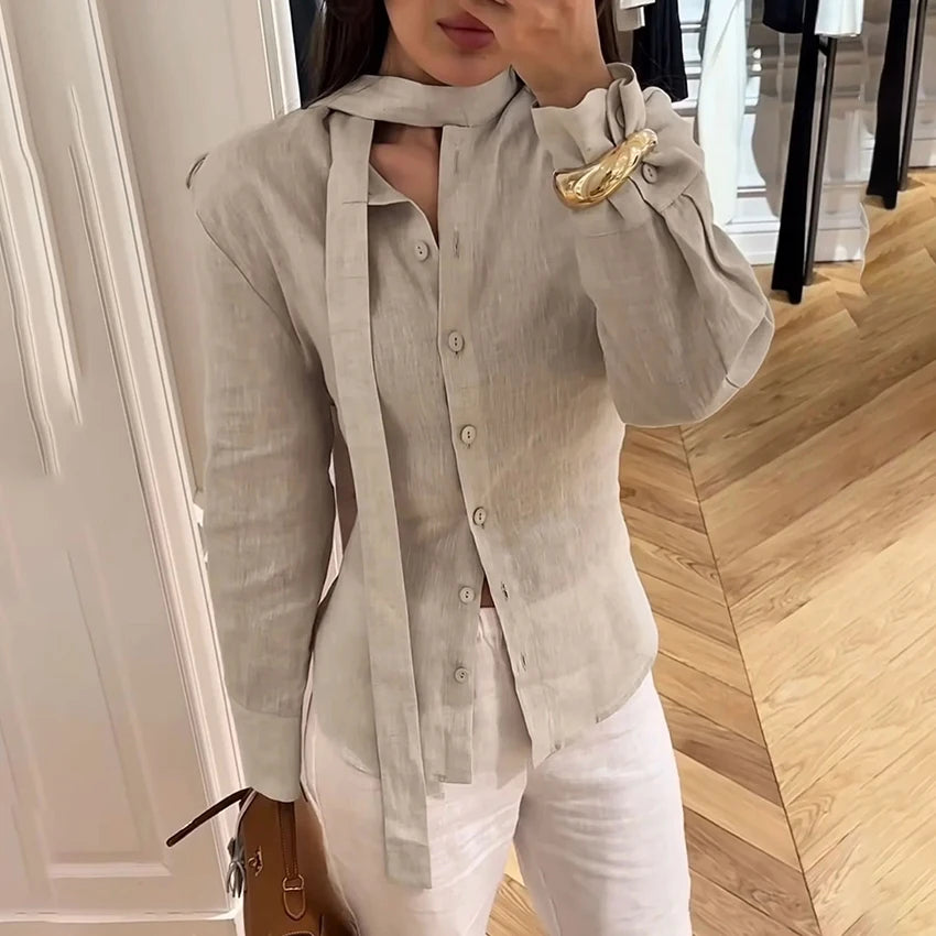 Women's Scarf Collar Shirt with Shaped Tie Back