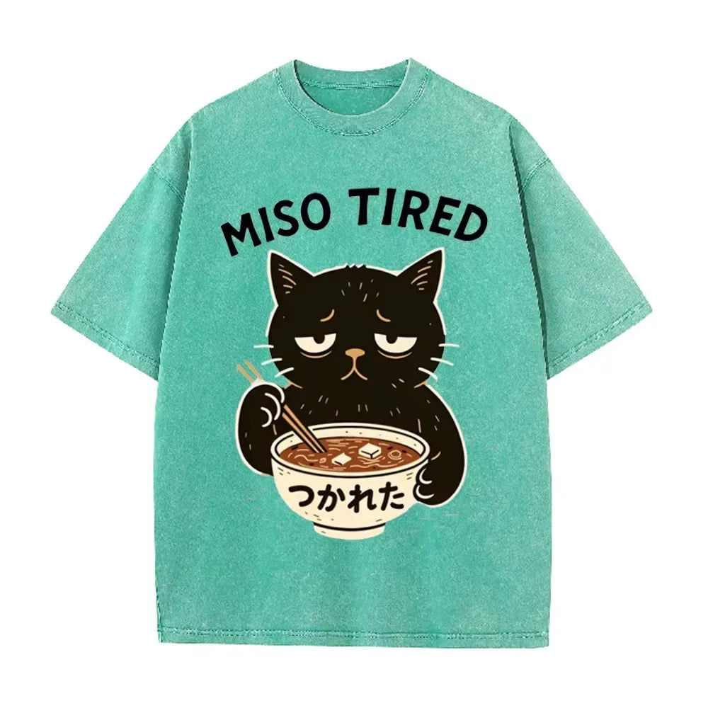 Vintage Washed Purple Miso Tired Black Cat Miso Soup Casual T Shirt