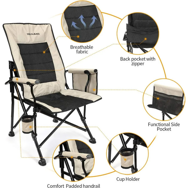 Camping Chairs - Heavy Duty Folding Chair for Outside Support 400 LBS - Padded High Back Camp Chair with Lumbar Back Support
