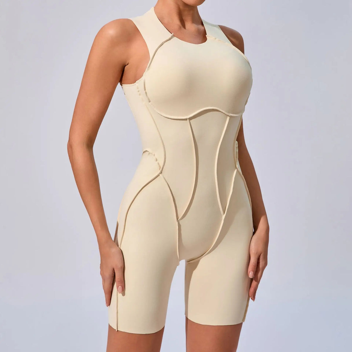 Women's High Neck Open Back Workout Romper with Contrast Seams
