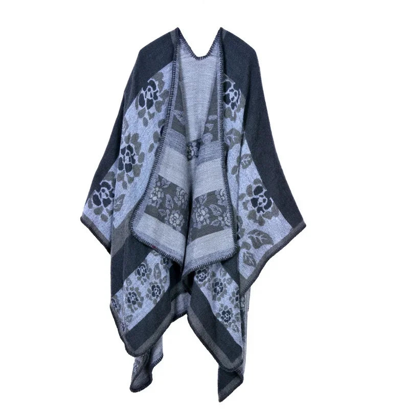 Patterned Fringed Open Front Poncho for Layering over Outfits