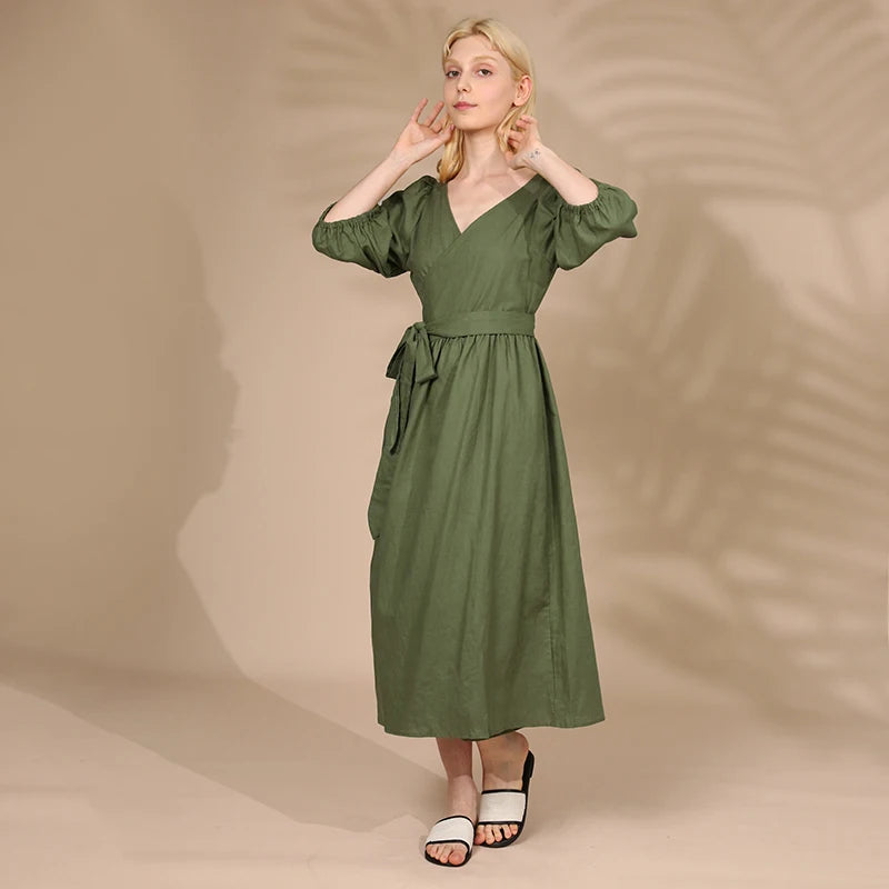 Women's Cotton-Linen V-Neck Puff-Sleeve A-Line Midi Dress with Waist Tie and Pockets