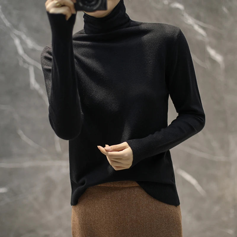 Women's Fitted Roll Neck Long Sleeve Sweater Casual Knit Layer