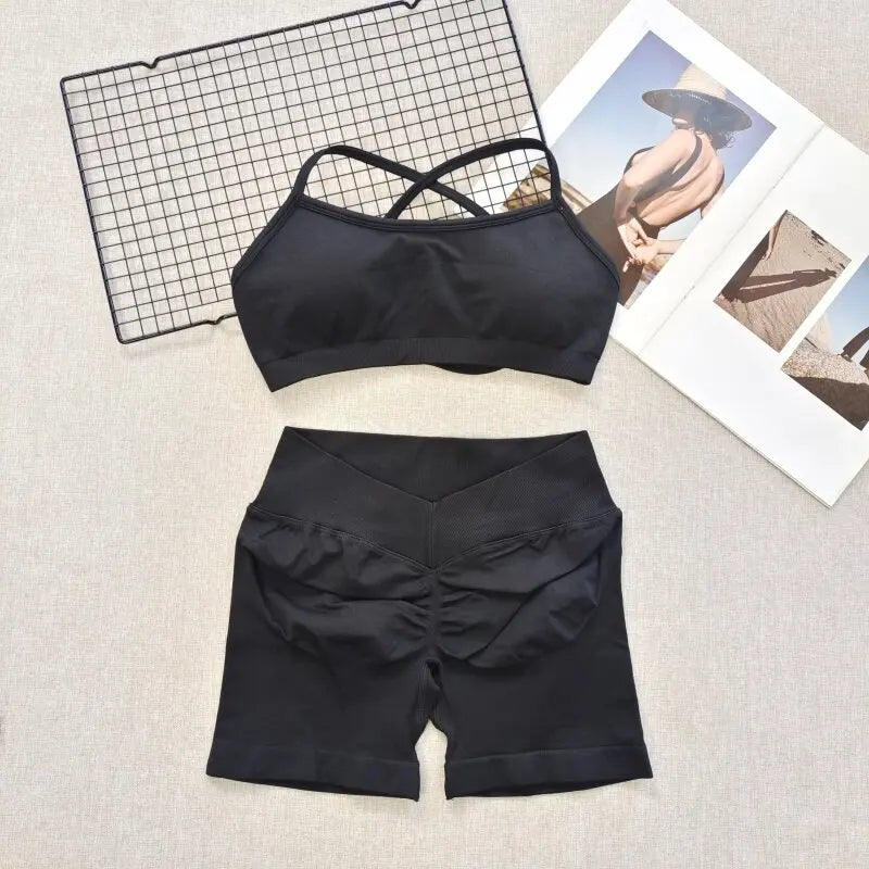 Women's Cross Back Bra And Shorts Yoga Set