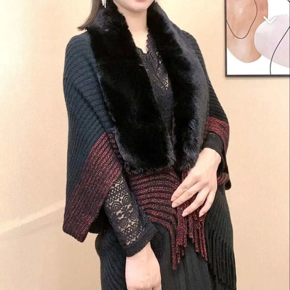 Plush Collar Ribbed Fringe Poncho for Layering over Outfits