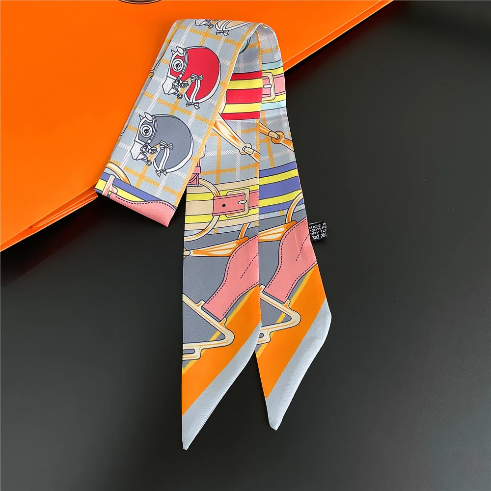 Horse Motif Skinny Scarf with Decorative Printed Patterns