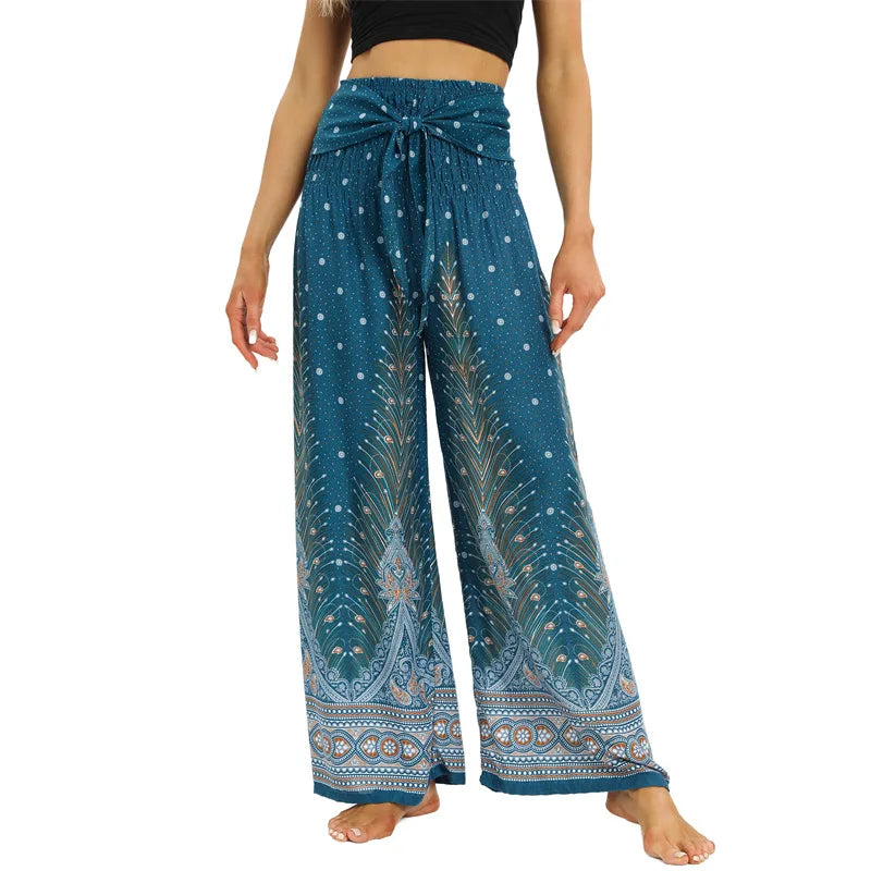 Women's Printed Rayon Harem Pants with Elastic Waist and Convertible Styling