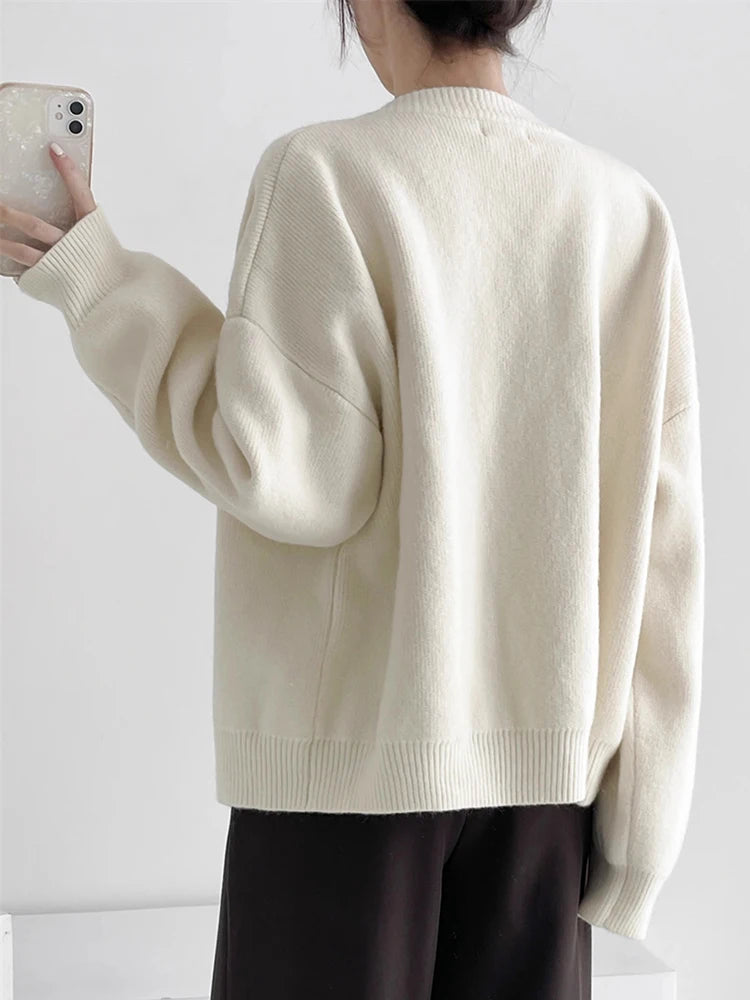 Women's Large Button Crew Neck Cardigan Casual Knit Layer