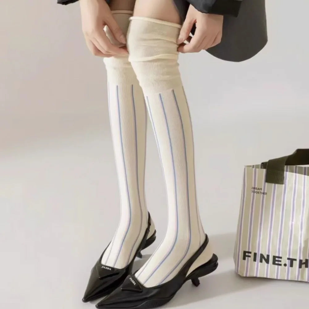 Vertical Stripe Thigh High Socks with Contrasting Toe Colors
