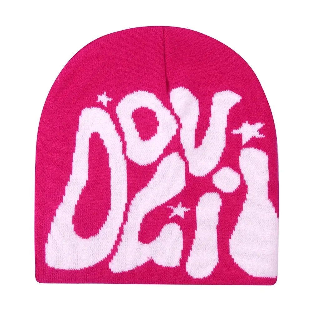 Graphic Knit Beanie with Letter and Pattern Style Options