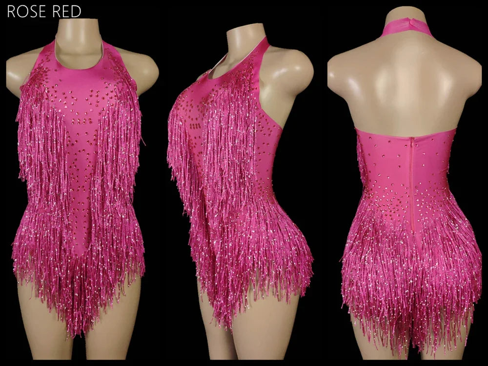 Women's Rhinestone Fringe Halter Dance Bodysuit for Stage Costume Outfits