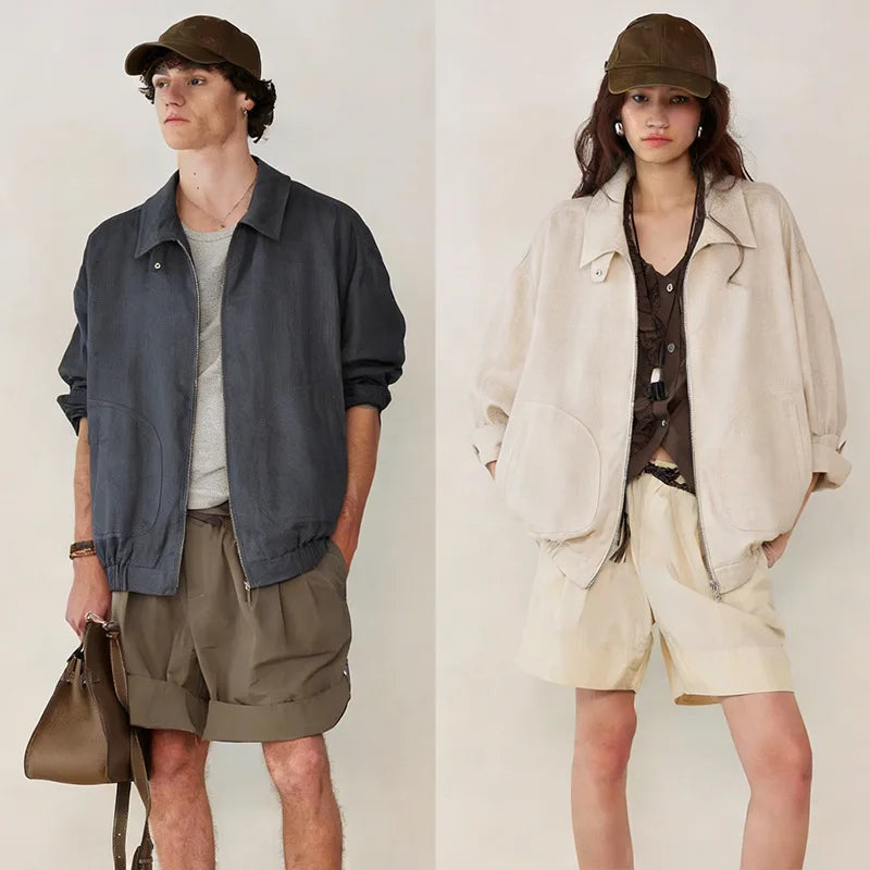 Women's Linen Long-Sleeve Loose Collared Zip-Up Jacket with Pockets for Layered Outfits