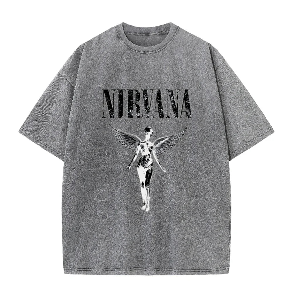 Vintage Distressed Washed Tee Nirvana Grunge Rock Silver Angel Skeleton Print Loose Fit Short Sleeve T Shirts