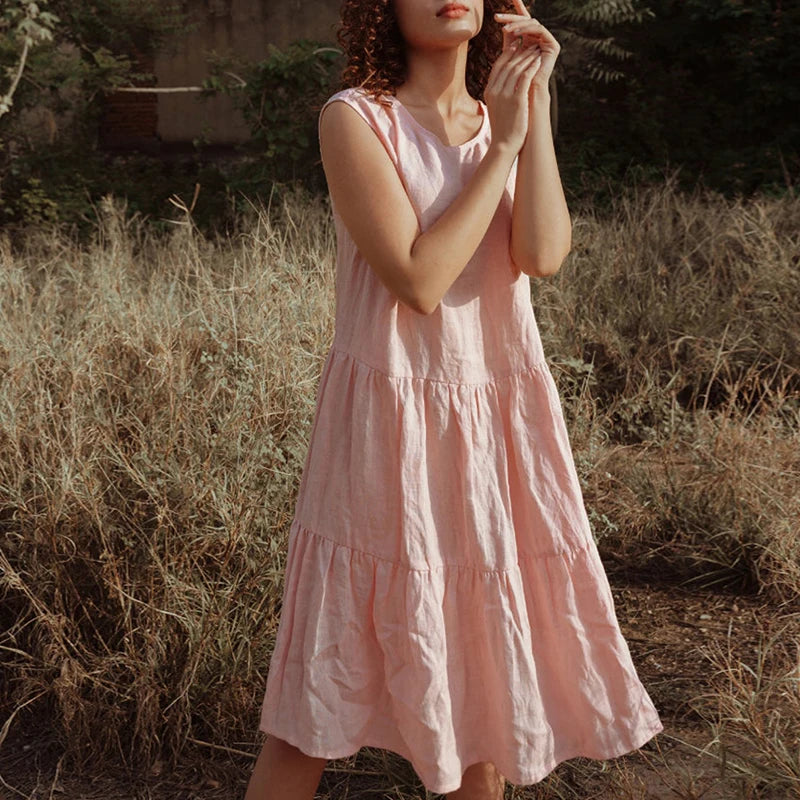 Women's Cotton-Linen Sleeveless Loose A-Line Midi Dress with Ruffles for Summer Outfits