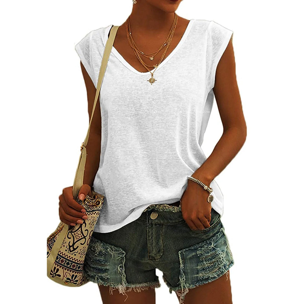 Women's Polyester Sleeveless V-Neck Tank Top with Slight Stretch for Summer Outfits