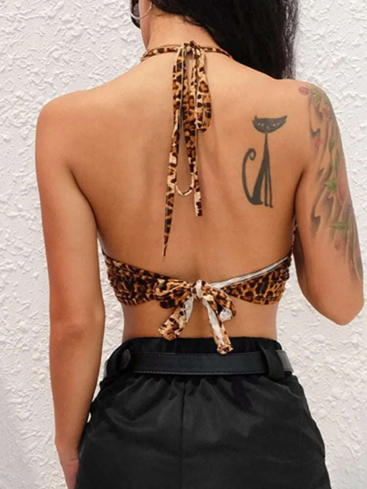 Women's Leopard Print Halter Crop Top with Ties and Ring Detail