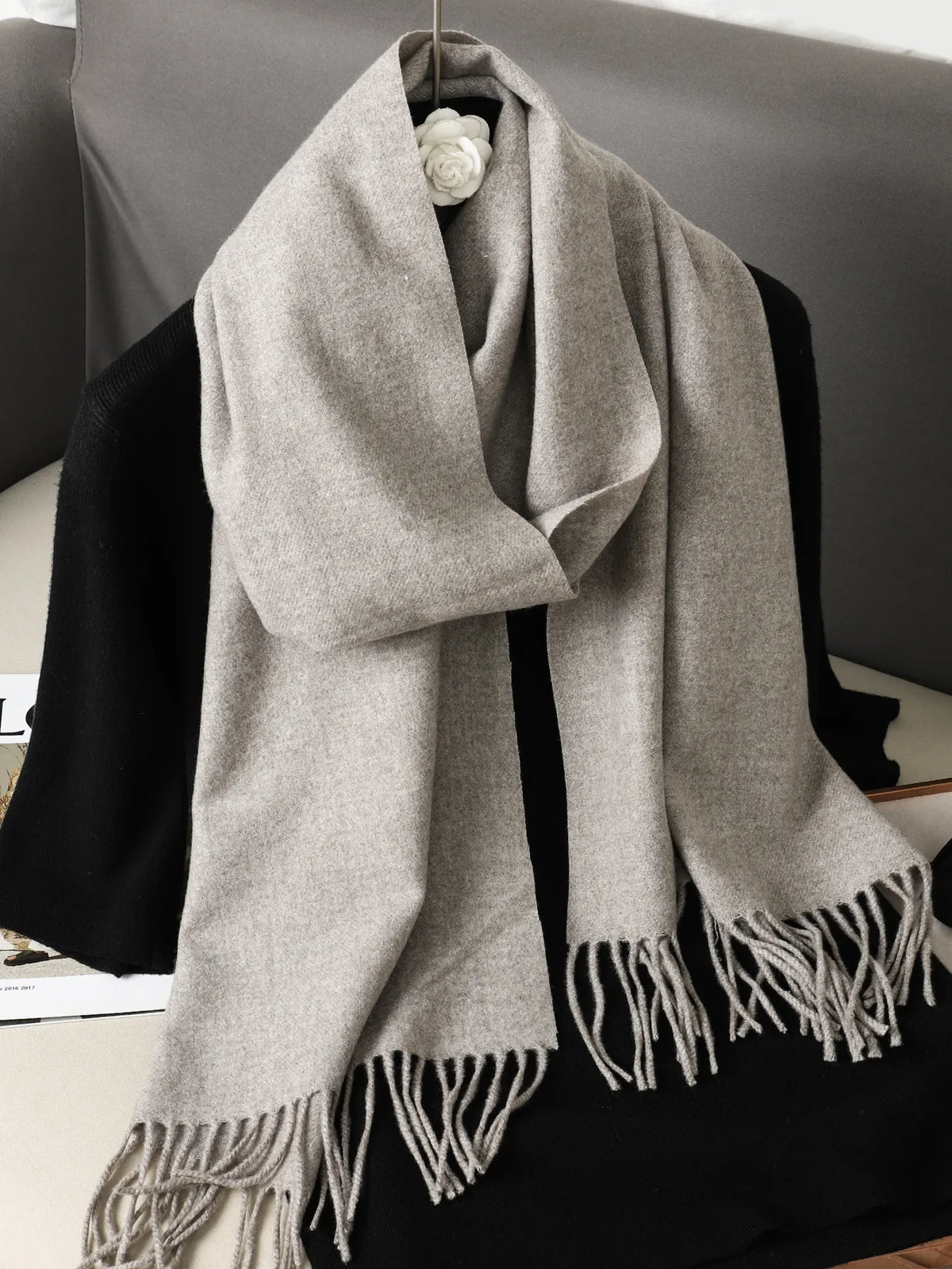 Solid Long Rectangular Scarf with Decorative Fringe Trim