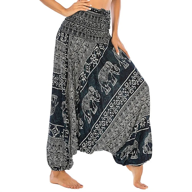 Women's Printed Nylon Harem Pants with Smocked Waist and Convertible Styling