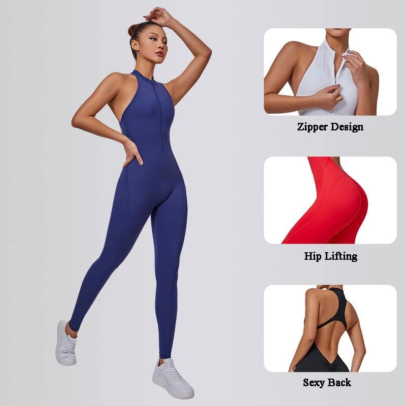 Women's Sleeveless Nylon Blend Zip Front Workout Jumpsuit with Open Back