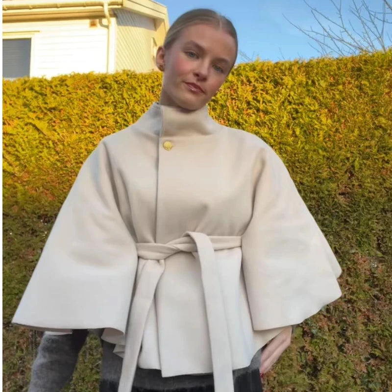 Belted Button Stand Collar Cape for Layering over Outfits