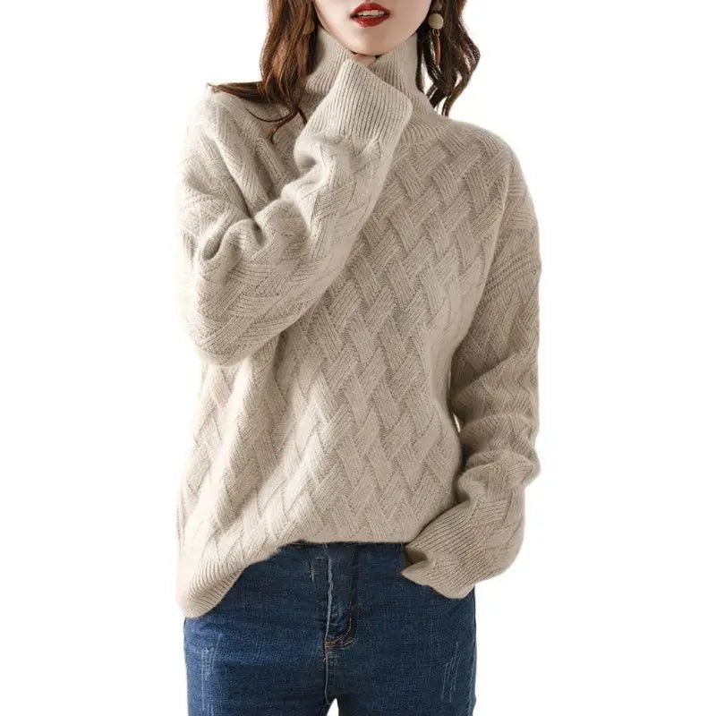 Women's Wool-Polyester Solid Long-Sleeve Turtleneck Loose Knit Pullover Sweater for Winter Outfits