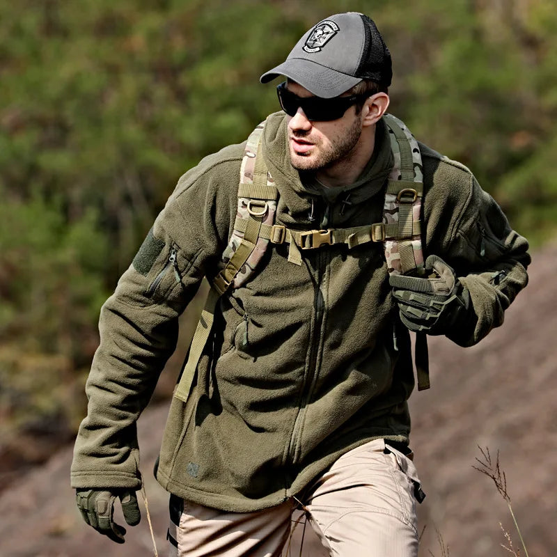 Men's Warm Tactical Fleece Jacket Zip Up Thicken Polar Hoodie Winter Outdoor Sport Hiking Hooded Coat Multi-Pocket
