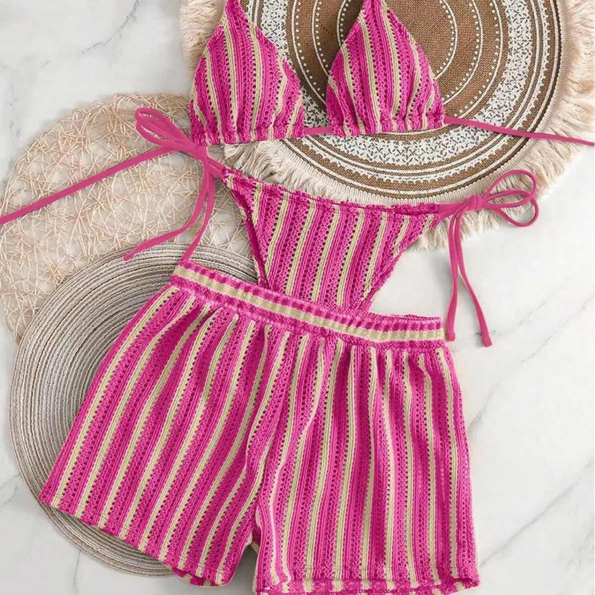 Striped Bikini with Mesh Shorts